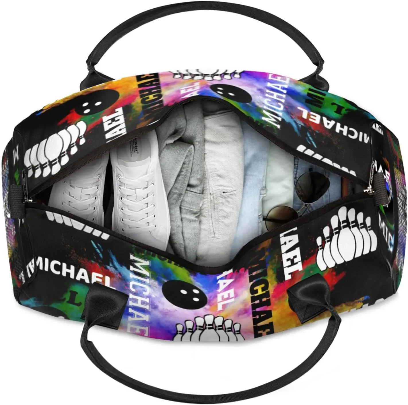 Personalized Bowling Sport Duffel Bag with Name, Custom Gym Bag Customized Overnight Weekender Bag for Women Men, Black Colorful