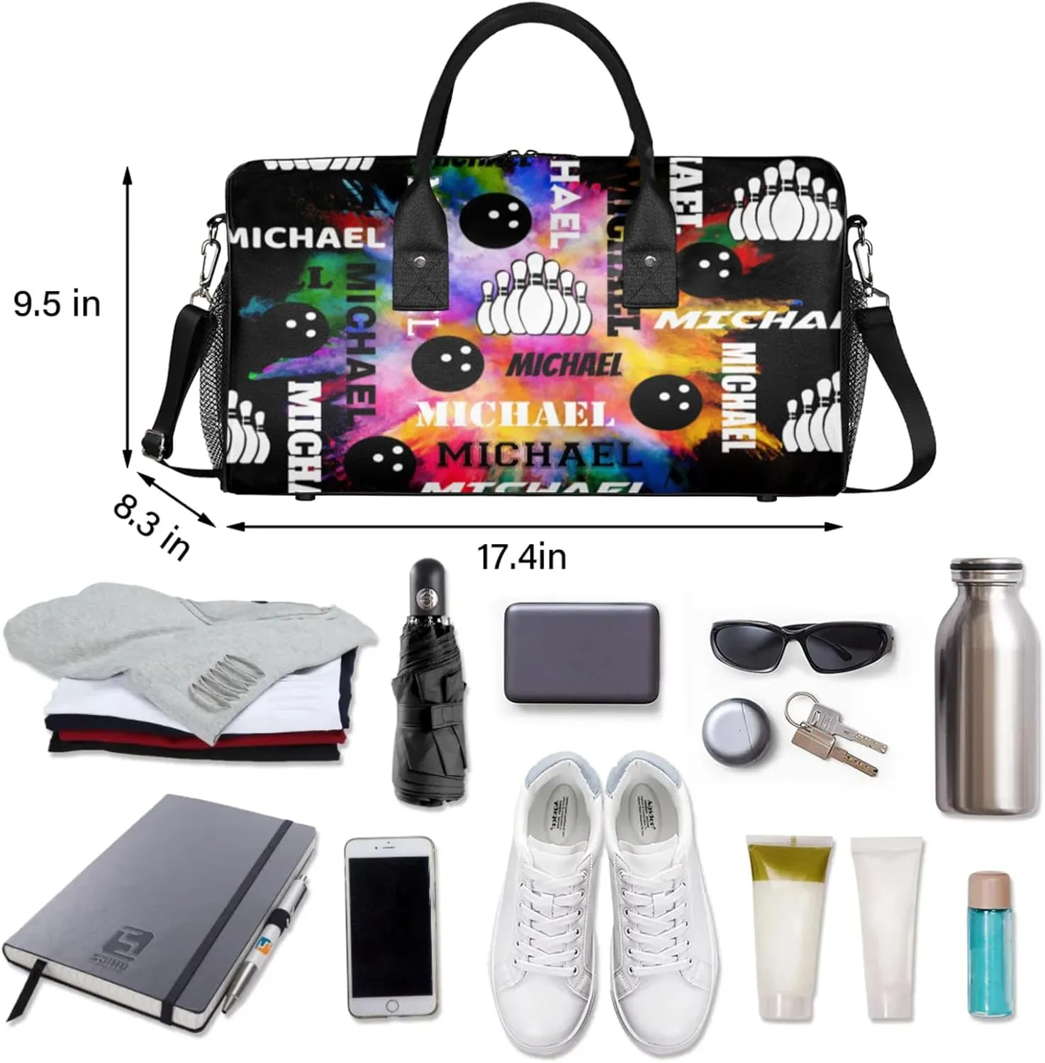 Personalized Bowling Sport Duffel Bag with Name, Custom Gym Bag Customized Overnight Weekender Bag for Women Men, Black Colorful