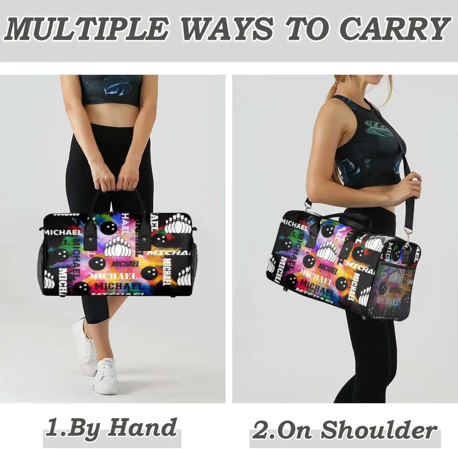Personalized Bowling Sport Duffel Bag with Name, Custom Gym Bag Customized Overnight Weekender Bag for Women Men, Black Colorful