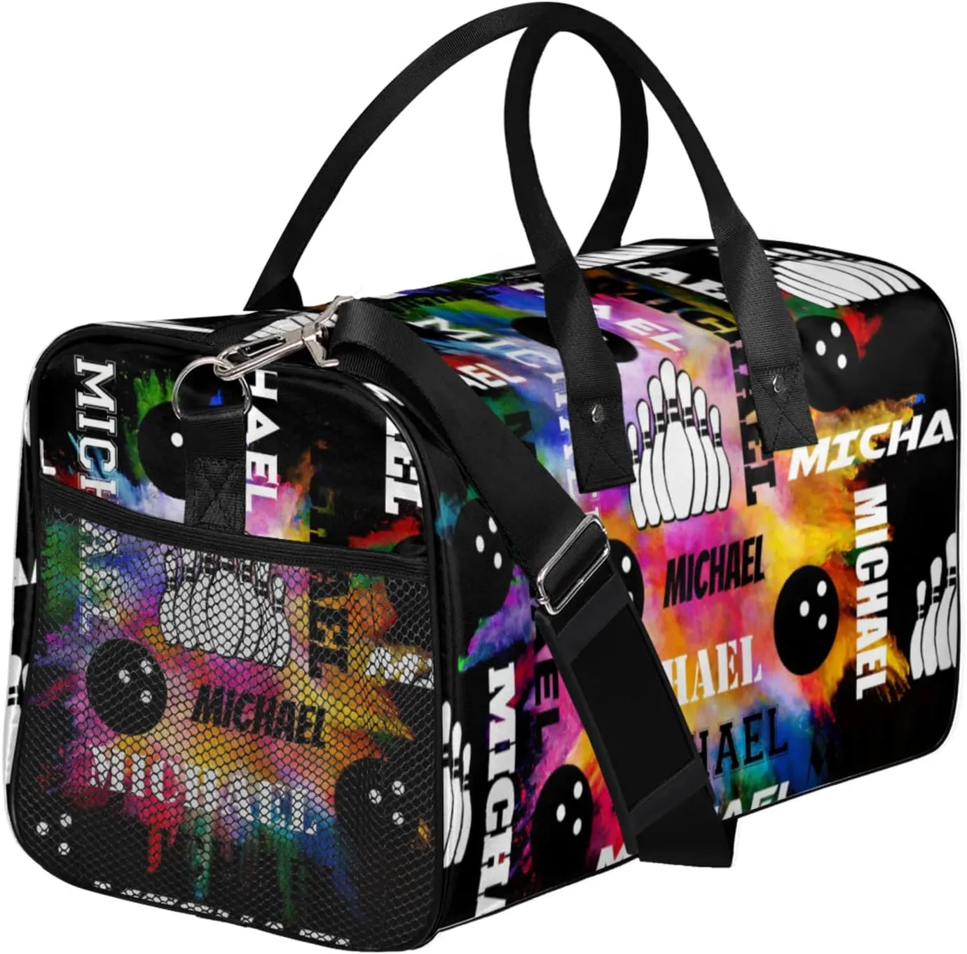 Personalized Bowling Sport Duffel Bag with Name, Custom Gym Bag Customized Overnight Weekender Bag for Women Men, Black Colorful