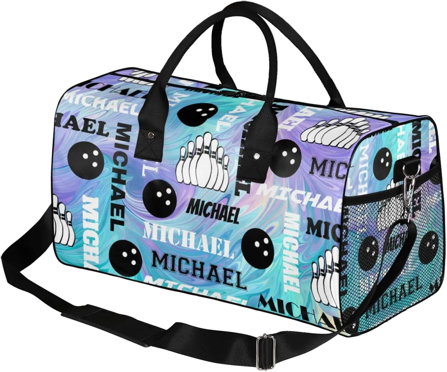 Personalized Bowling Sport Duffel Bag with Name, Custom Gym Bag Customized Overnight Weekender Bag for Women Men, Blue Purple