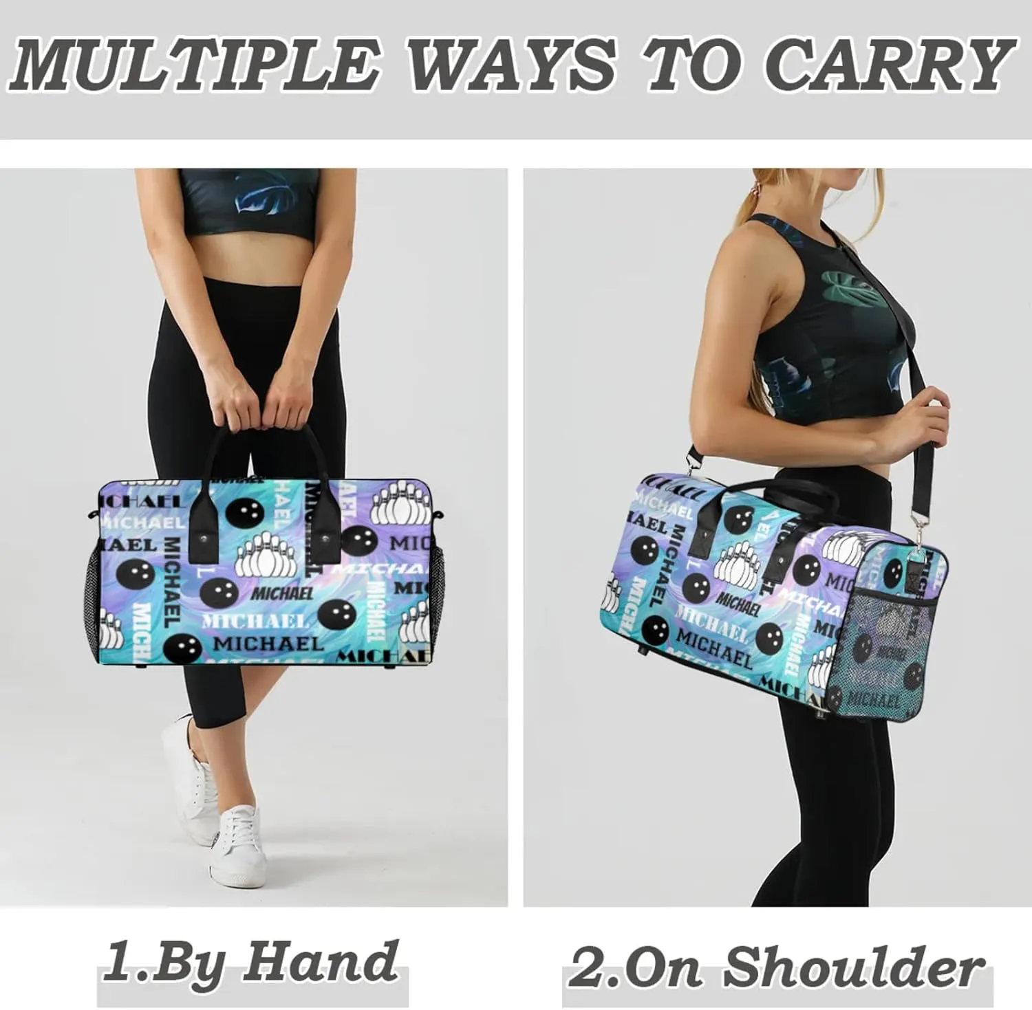 Personalized Bowling Sport Duffel Bag with Name, Custom Gym Bag Customized Overnight Weekender Bag for Women Men, Blue Purple