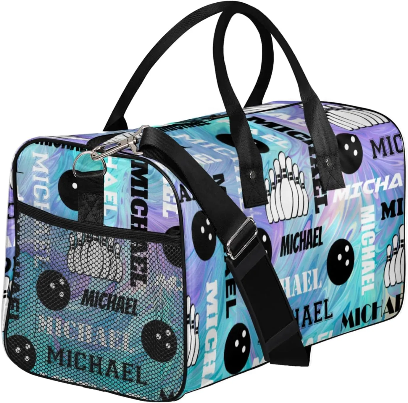 Personalized Bowling Sport Duffel Bag with Name, Custom Gym Bag Customized Overnight Weekender Bag for Women Men, Blue Purple