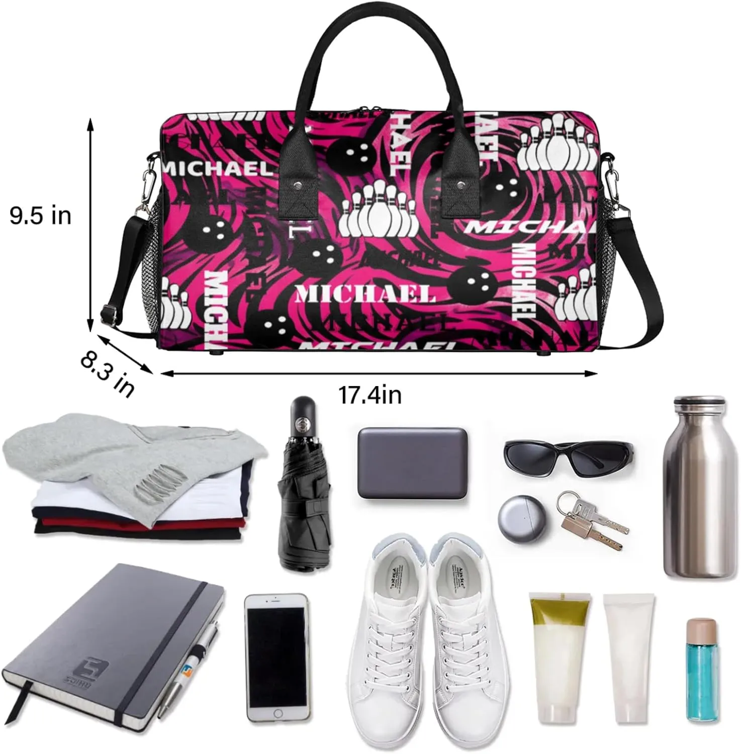 Personalized Bowling Sport Duffel Bag with Name, Custom Gym Bag Customized Overnight Weekender Bag for Women Men, Rose Red
