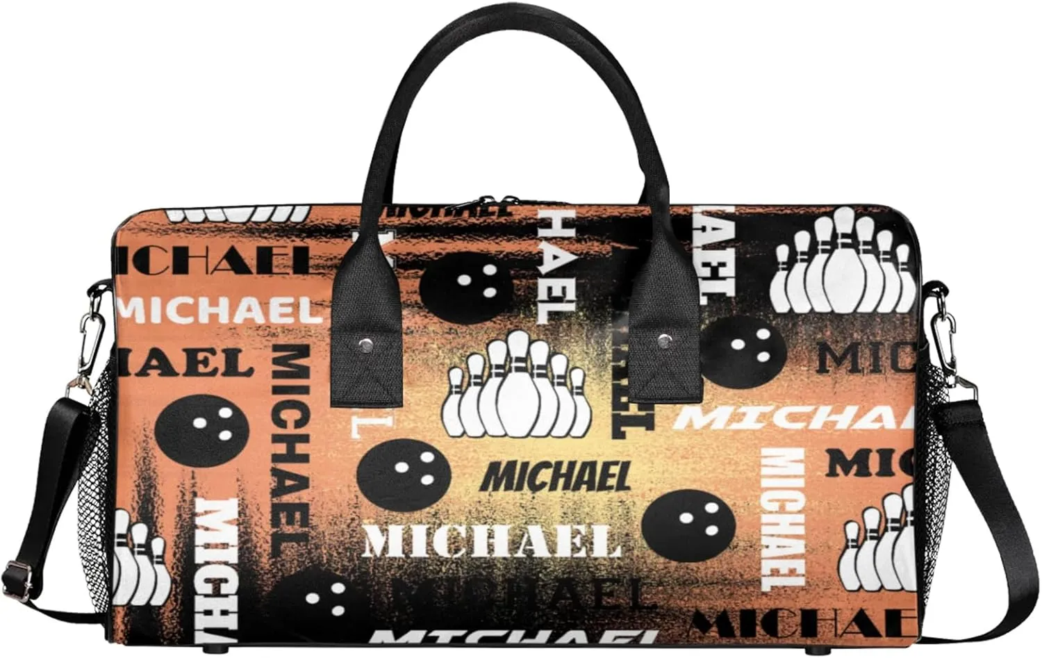 Personalized Bowling Sport Duffel Bag with Name, Custom Gym Bag Customized Text Overnight Weekender Bag for Women Men, Orange Black