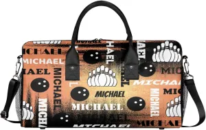 Personalized Bowling Sport Duffel Bag with Name, Custom Gym Bag Customized Text Overnight Weekender Bag for Women Men, Orange Black