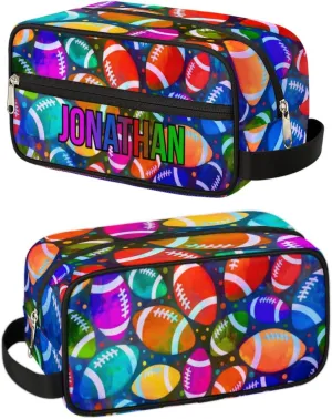 Personalized Gift Travel Makeup Bag for Man Boy Girl Women, Custom Cosmetic Bag Shaving Bag Make Up Bag Organizer Toiletry Bag for Christmas Birthday American Football Colorful