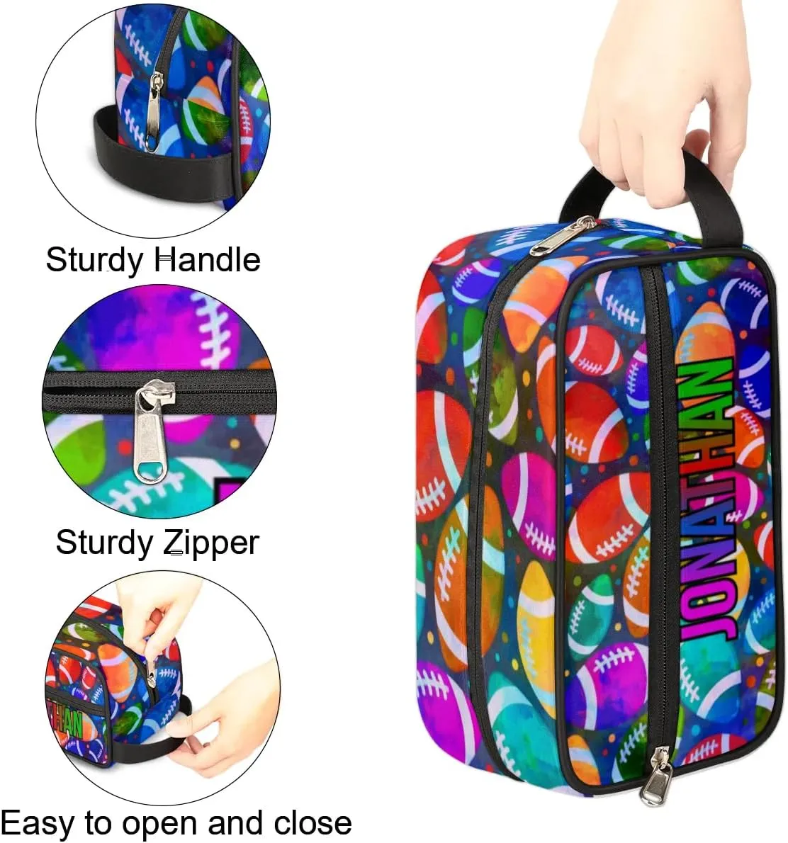 Personalized Gift Travel Makeup Bag for Man Boy Girl Women, Custom Cosmetic Bag Shaving Bag Make Up Bag Organizer Toiletry Bag for Christmas Birthday American Football Colorful