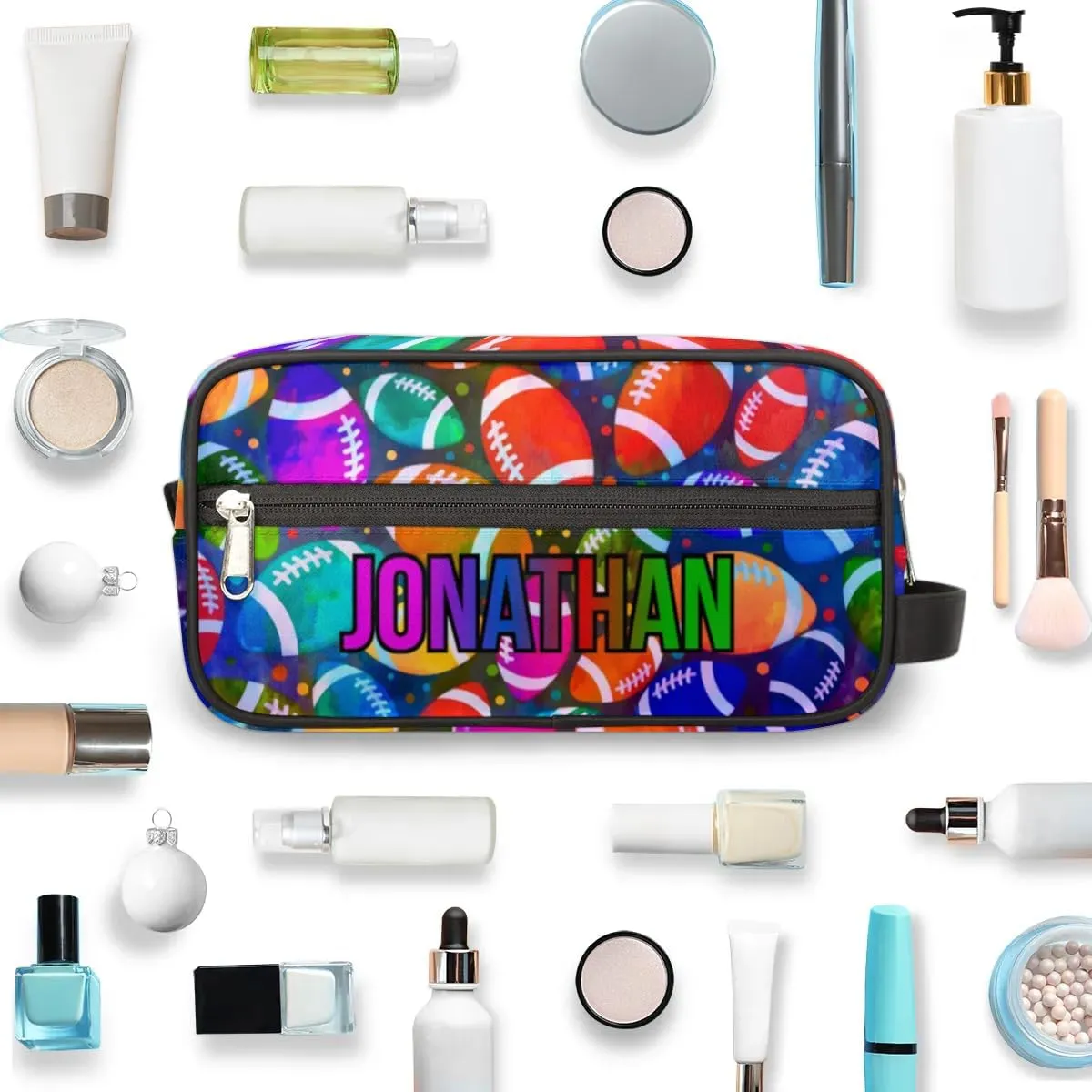 Personalized Gift Travel Makeup Bag for Man Boy Girl Women, Custom Cosmetic Bag Shaving Bag Make Up Bag Organizer Toiletry Bag for Christmas Birthday American Football Colorful