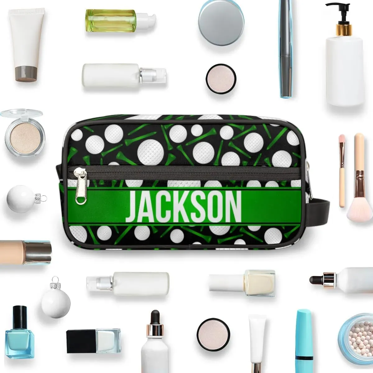 Personalized Gift Travel Makeup Bag for Man Boy Girl Women, Custom Cosmetic Bag Shaving Bag Make Up Bag Organizer Toiletry Bag for Christmas Birthday Black Golf Balls