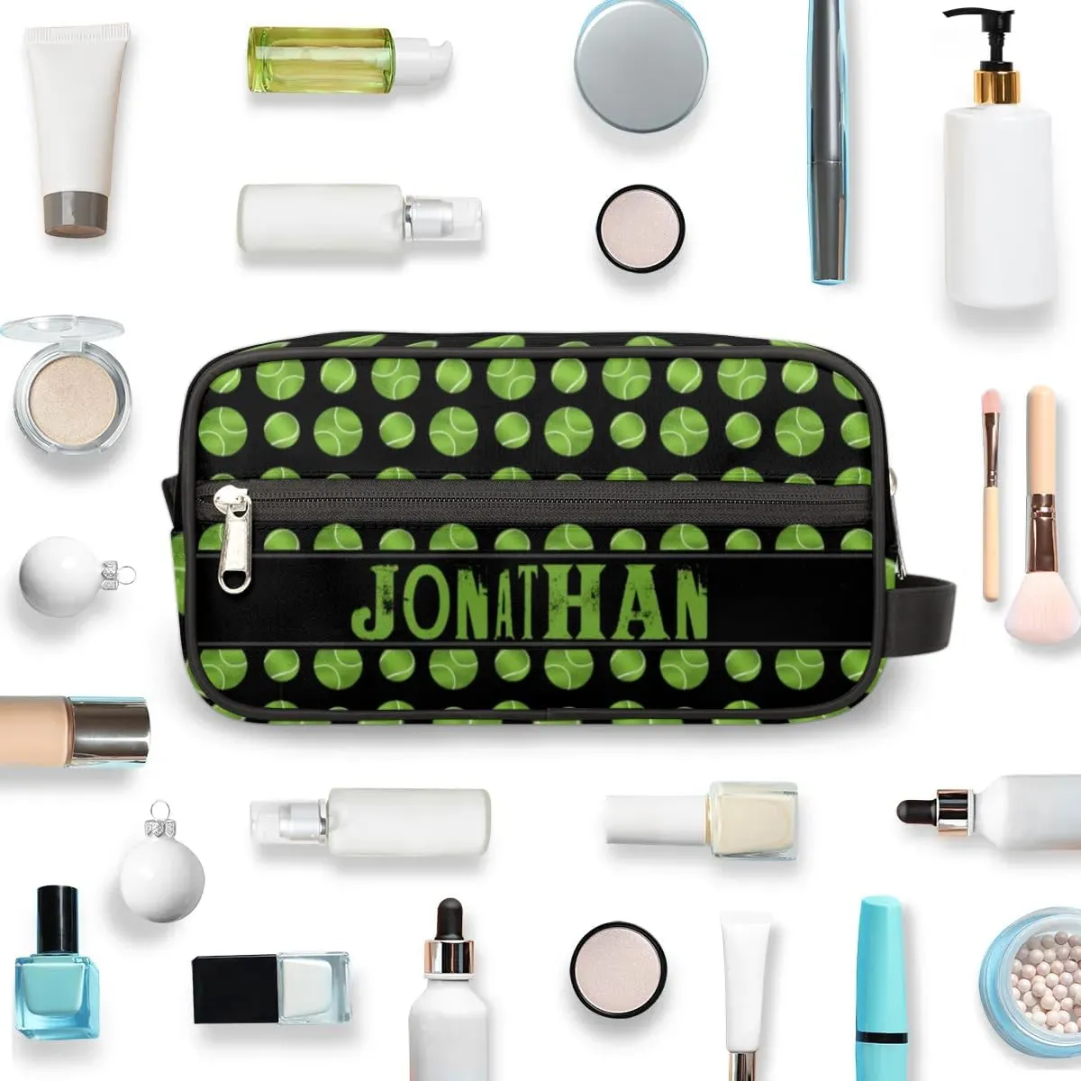 Personalized Gift Travel Makeup Bag for Man Boy Girl Women, Custom Cosmetic Bag Shaving Bag Make Up Bag Organizer Toiletry Bag for Christmas Birthday Tennis Balls Pattern