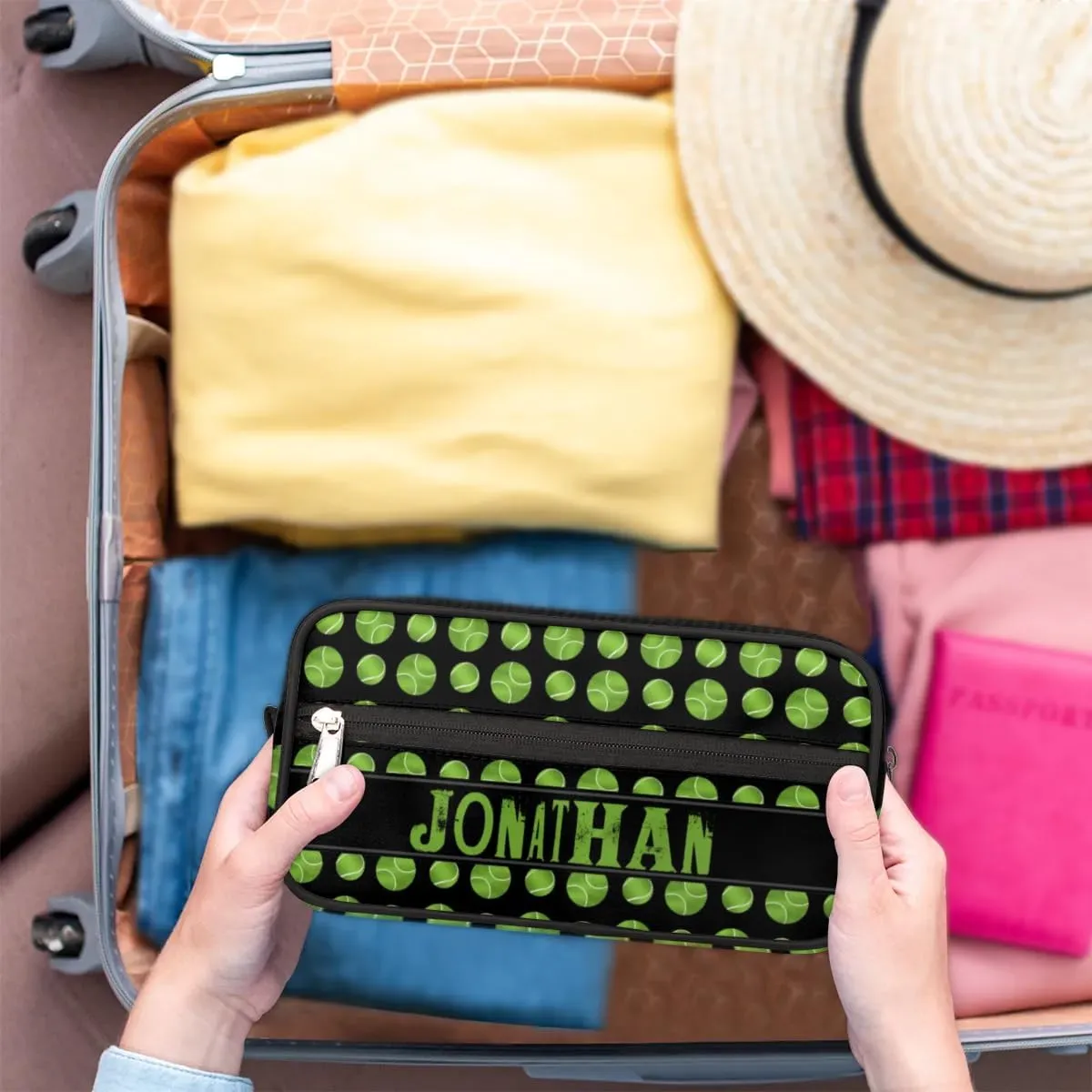 Personalized Gift Travel Makeup Bag for Man Boy Girl Women, Custom Cosmetic Bag Shaving Bag Make Up Bag Organizer Toiletry Bag for Christmas Birthday Tennis Balls Pattern