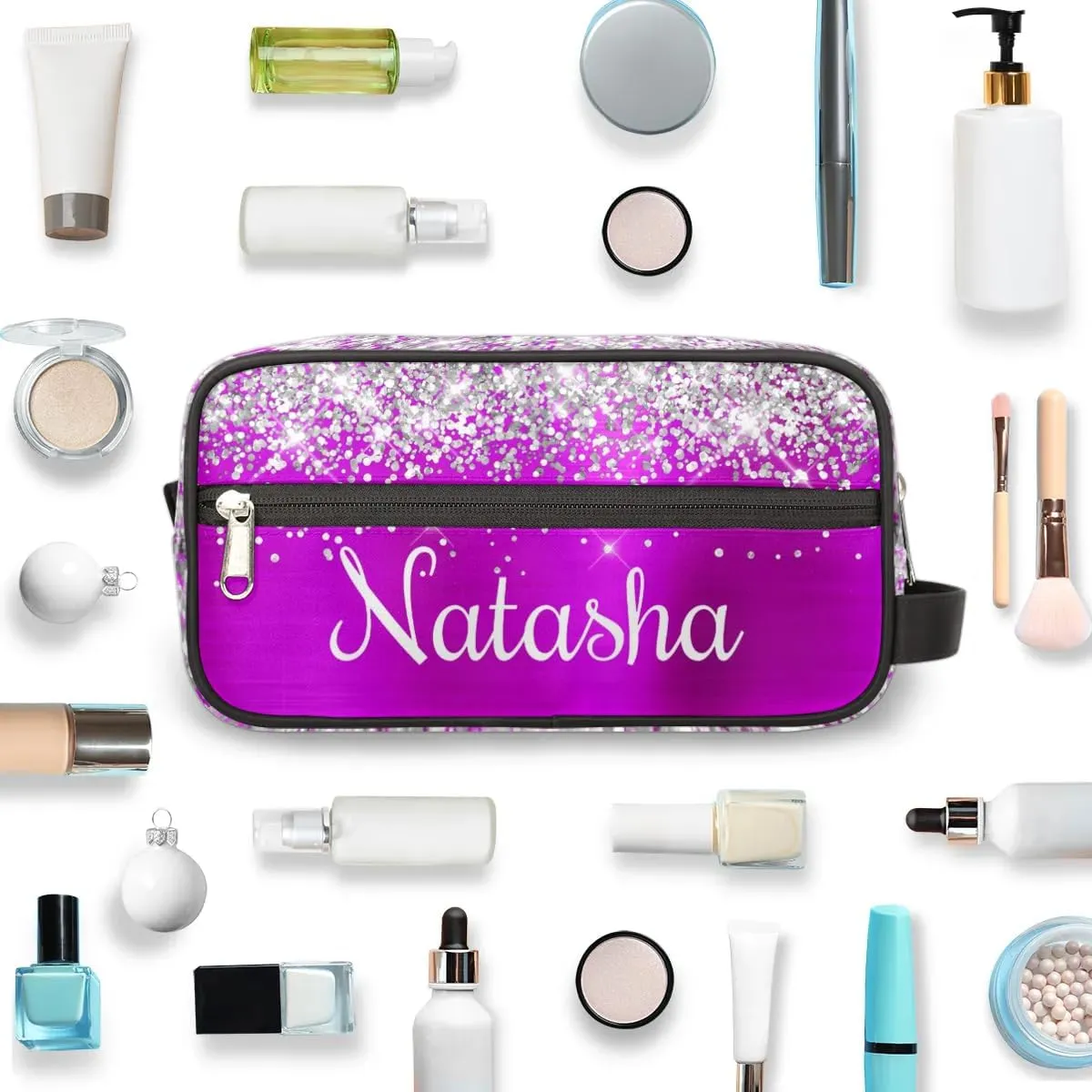 Personalized Gift Travel Makeup Bag for Women Girls, Cosmetic Bag Make Up Bag Organizer Toiletry Bag Christmas Birthday Mother's Day Gift Silver Glitter Purple