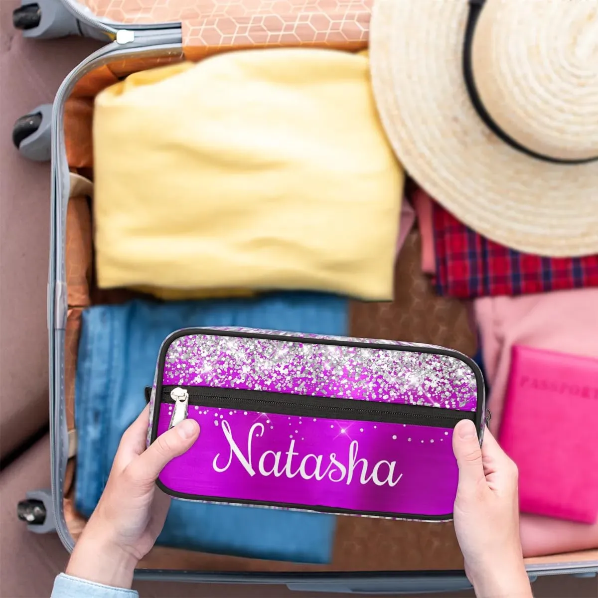 Personalized Gift Travel Makeup Bag for Women Girls, Cosmetic Bag Make Up Bag Organizer Toiletry Bag Christmas Birthday Mother's Day Gift Silver Glitter Purple