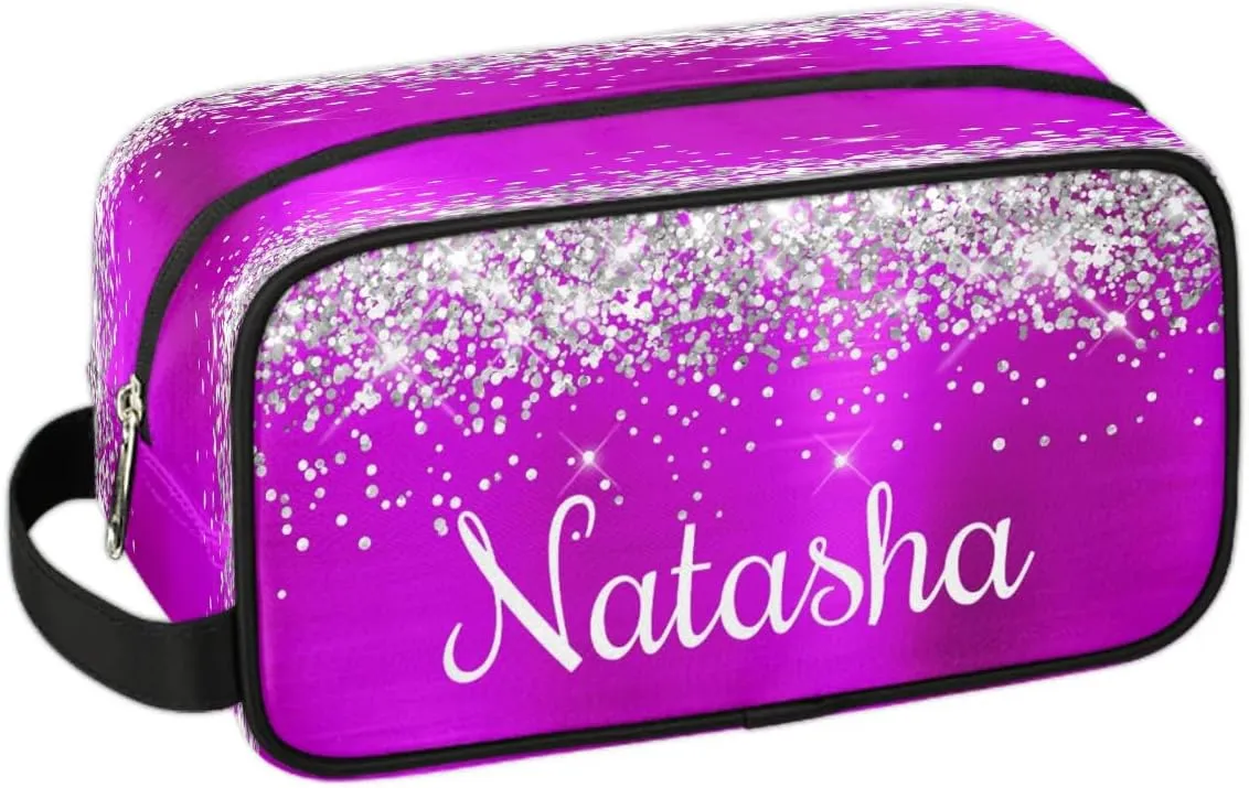 Personalized Gift Travel Makeup Bag for Women Girls, Cosmetic Bag Make Up Bag Organizer Toiletry Bag Christmas Birthday Mother's Day Gift Silver Glitter Purple