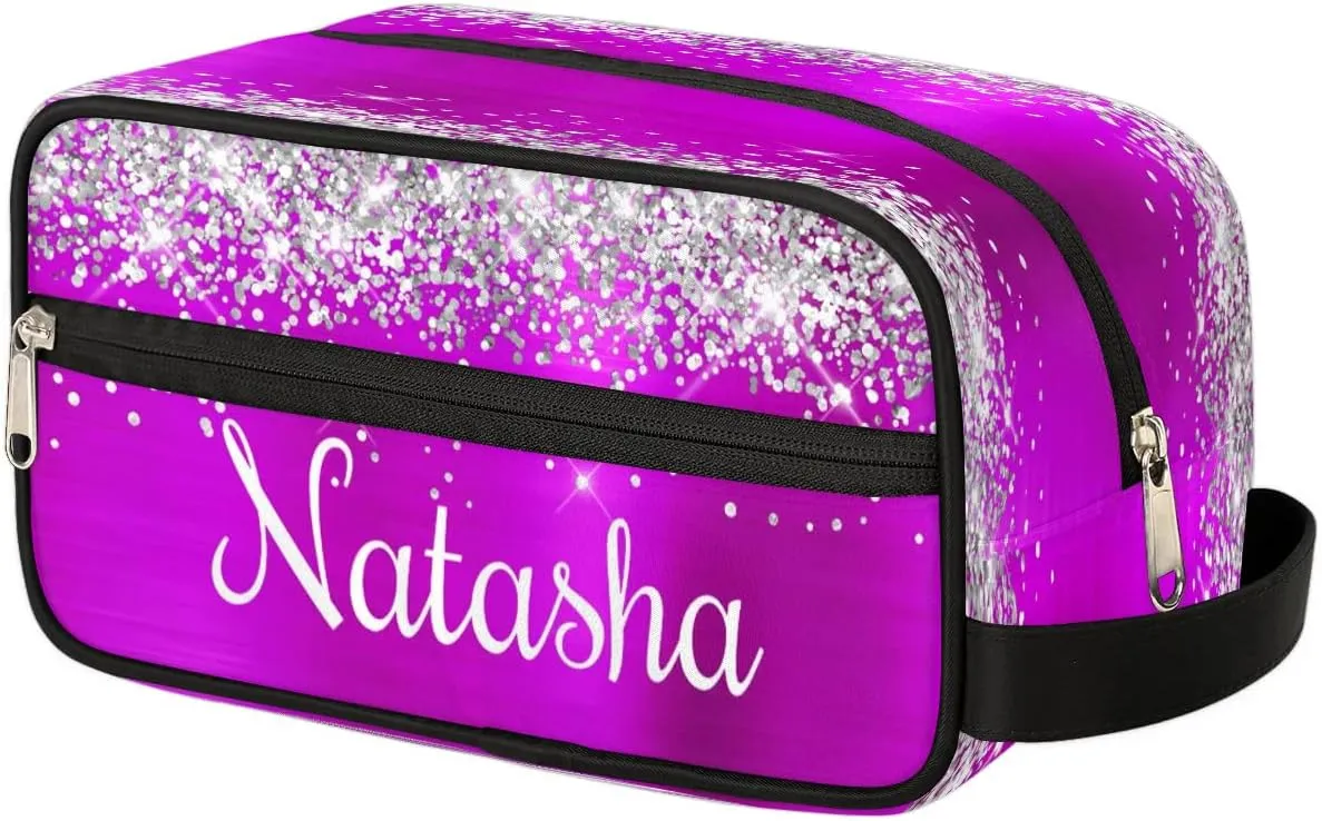 Personalized Gift Travel Makeup Bag for Women Girls, Cosmetic Bag Make Up Bag Organizer Toiletry Bag Christmas Birthday Mother's Day Gift Silver Glitter Purple