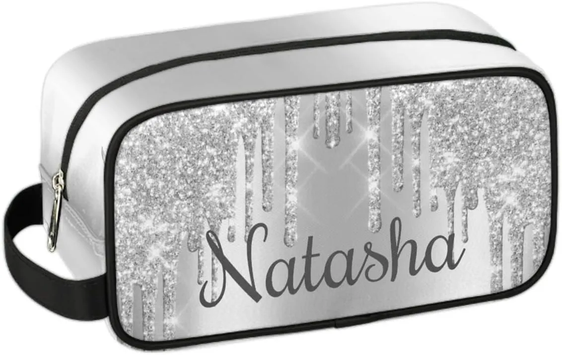 Personalized Gift Travel Makeup Bag for Women Girls, Cosmetic Bag Make Up Bag Organizer Toiletry Bag Christmas Birthday Mother's Day Gift Sliver Glitter