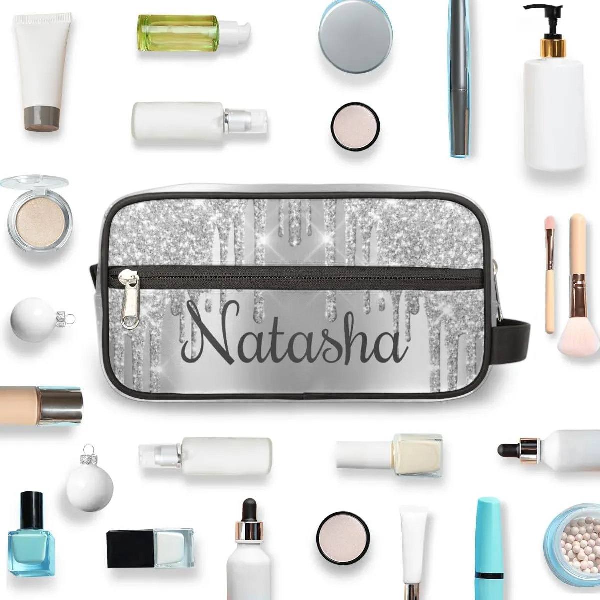 Personalized Gift Travel Makeup Bag for Women Girls, Cosmetic Bag Make Up Bag Organizer Toiletry Bag Christmas Birthday Mother's Day Gift Sliver Glitter