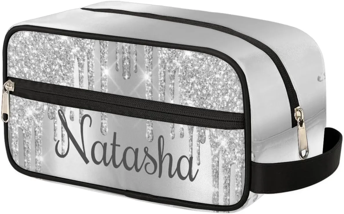 Personalized Gift Travel Makeup Bag for Women Girls, Cosmetic Bag Make Up Bag Organizer Toiletry Bag Christmas Birthday Mother's Day Gift Sliver Glitter