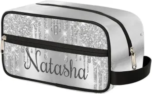 Personalized Gift Travel Makeup Bag for Women Girls, Cosmetic Bag Make Up Bag Organizer Toiletry Bag Christmas Birthday Mother's Day Gift Sliver Glitter