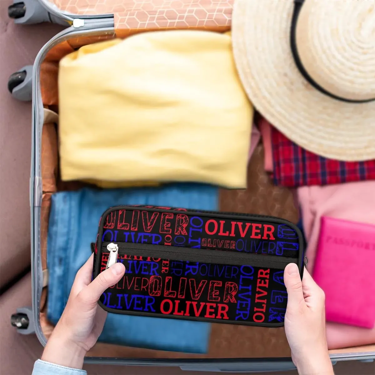 Personalized Gift Travel Makeup Bag for Women Man, Custom Cosmetic Bag Make Up Bag Organizer Toiletry Bag Christmas Birthday Gift for Girls Boys Black Red Blue Text