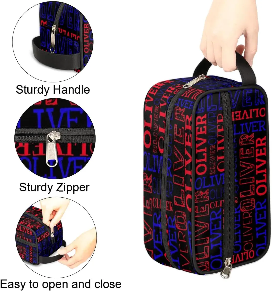 Personalized Gift Travel Makeup Bag for Women Man, Custom Cosmetic Bag Make Up Bag Organizer Toiletry Bag Christmas Birthday Gift for Girls Boys Black Red Blue Text