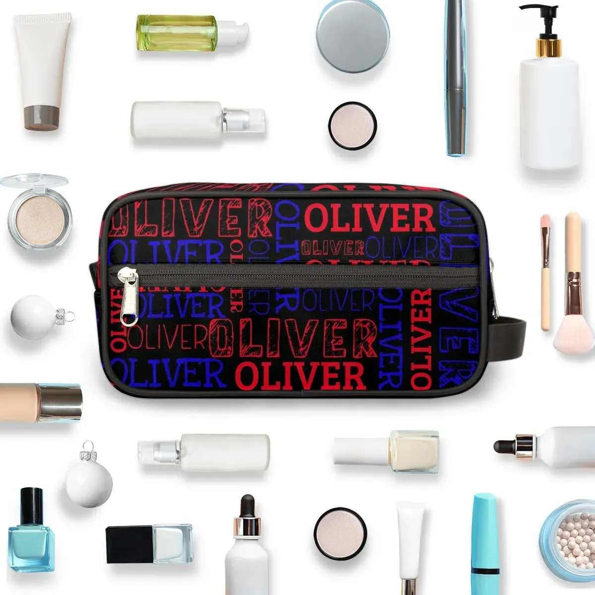 Personalized Gift Travel Makeup Bag for Women Man, Custom Cosmetic Bag Make Up Bag Organizer Toiletry Bag Christmas Birthday Gift for Girls Boys Black Red Blue Text