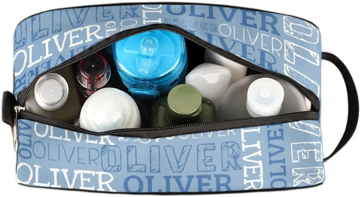 Personalized Gift Travel Makeup Bag for Women Man, Custom Cosmetic Bag Make Up Bag Organizer Toiletry Bag Christmas Birthday Gift for Girls Boys Blue White Text