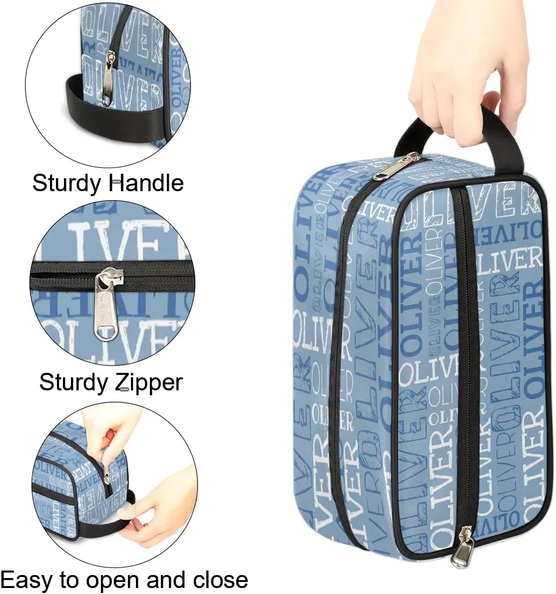 Personalized Gift Travel Makeup Bag for Women Man, Custom Cosmetic Bag Make Up Bag Organizer Toiletry Bag Christmas Birthday Gift for Girls Boys Blue White Text