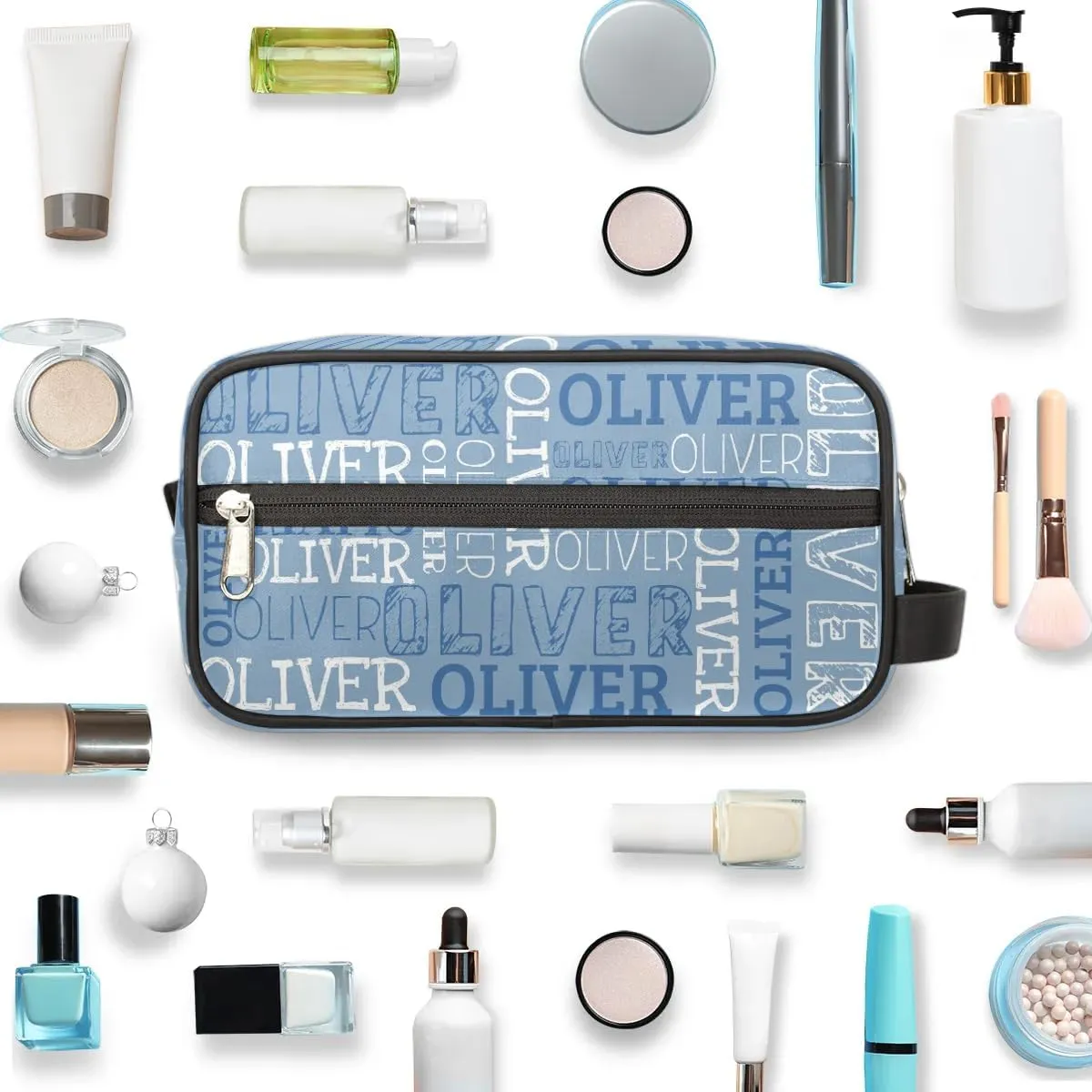 Personalized Gift Travel Makeup Bag for Women Man, Custom Cosmetic Bag Make Up Bag Organizer Toiletry Bag Christmas Birthday Gift for Girls Boys Blue White Text