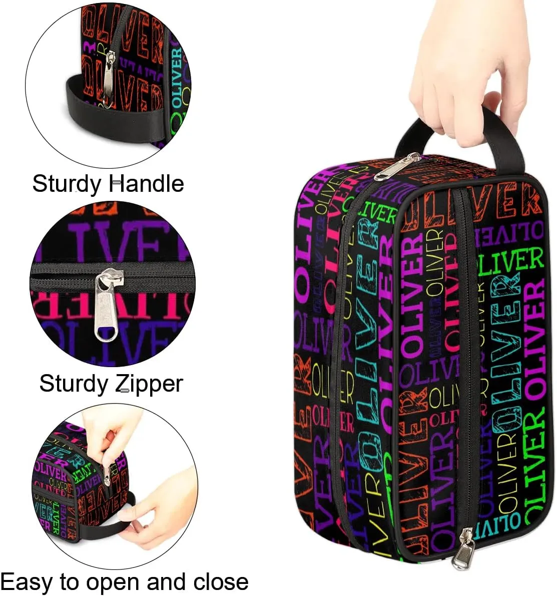 Personalized Gift Travel Makeup Bag for Women Man, Custom Cosmetic Bag Make Up Bag Organizer Toiletry Bag Christmas Birthday Gift for Girls Boys Colorful Black Text