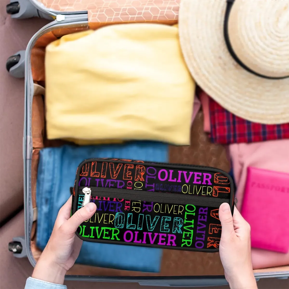 Personalized Gift Travel Makeup Bag for Women Man, Custom Cosmetic Bag Make Up Bag Organizer Toiletry Bag Christmas Birthday Gift for Girls Boys Colorful Black Text