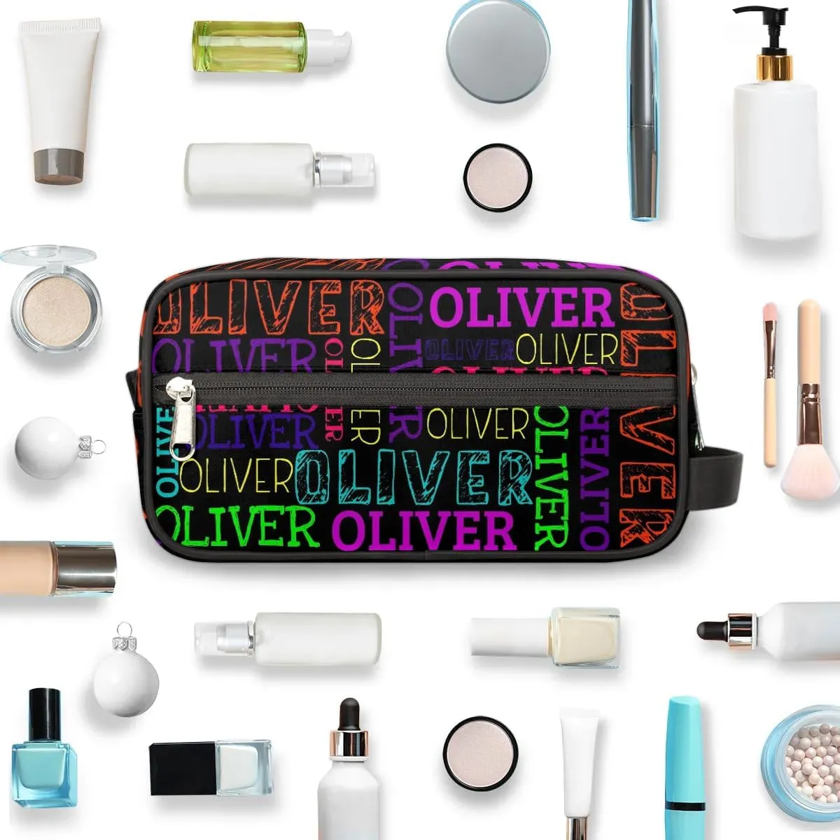 Personalized Gift Travel Makeup Bag for Women Man, Custom Cosmetic Bag Make Up Bag Organizer Toiletry Bag Christmas Birthday Gift for Girls Boys Colorful Black Text