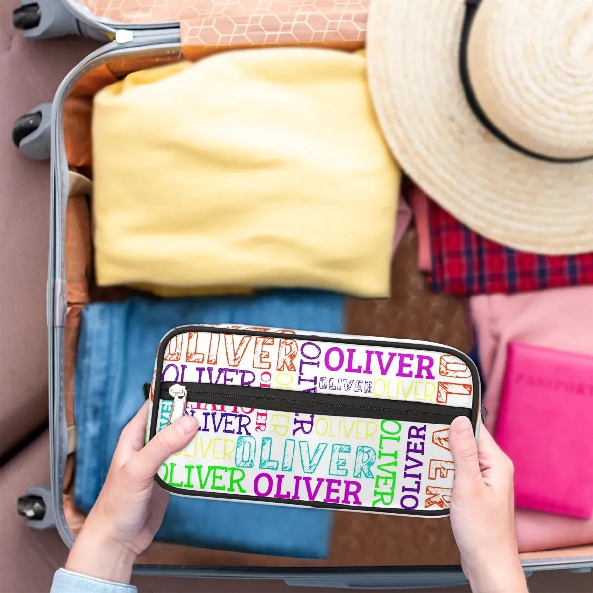 Personalized Gift Travel Makeup Bag for Women Man, Custom Cosmetic Bag Make Up Bag Organizer Toiletry Bag Christmas Birthday Gift for Girls Boys Colorful White Text
