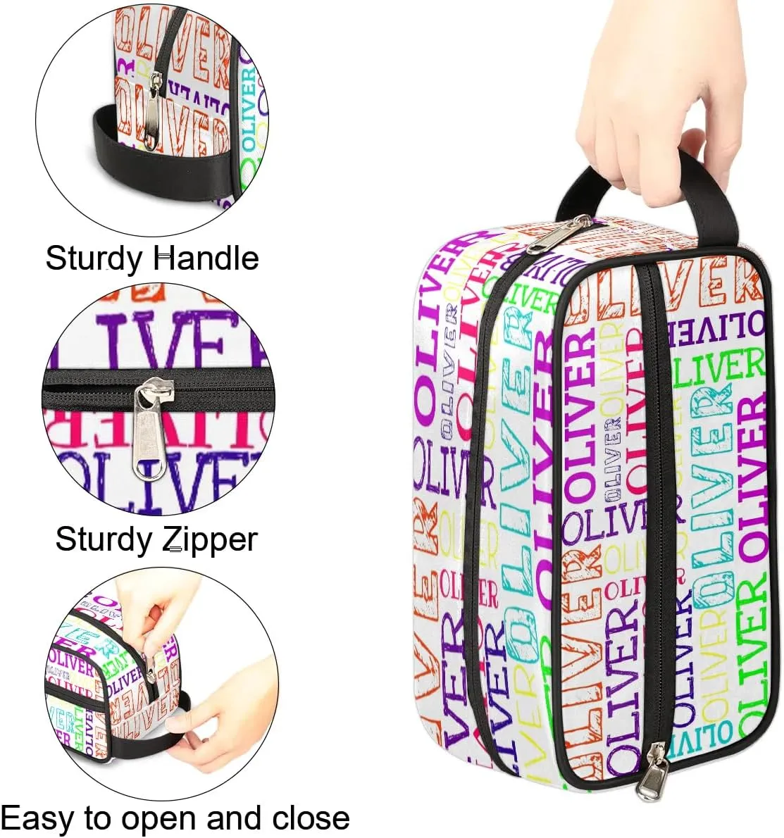 Personalized Gift Travel Makeup Bag for Women Man, Custom Cosmetic Bag Make Up Bag Organizer Toiletry Bag Christmas Birthday Gift for Girls Boys Colorful White Text