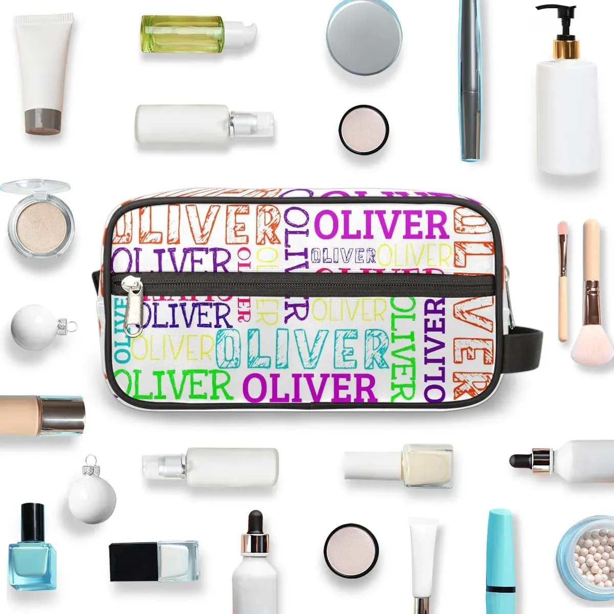 Personalized Gift Travel Makeup Bag for Women Man, Custom Cosmetic Bag Make Up Bag Organizer Toiletry Bag Christmas Birthday Gift for Girls Boys Colorful White Text