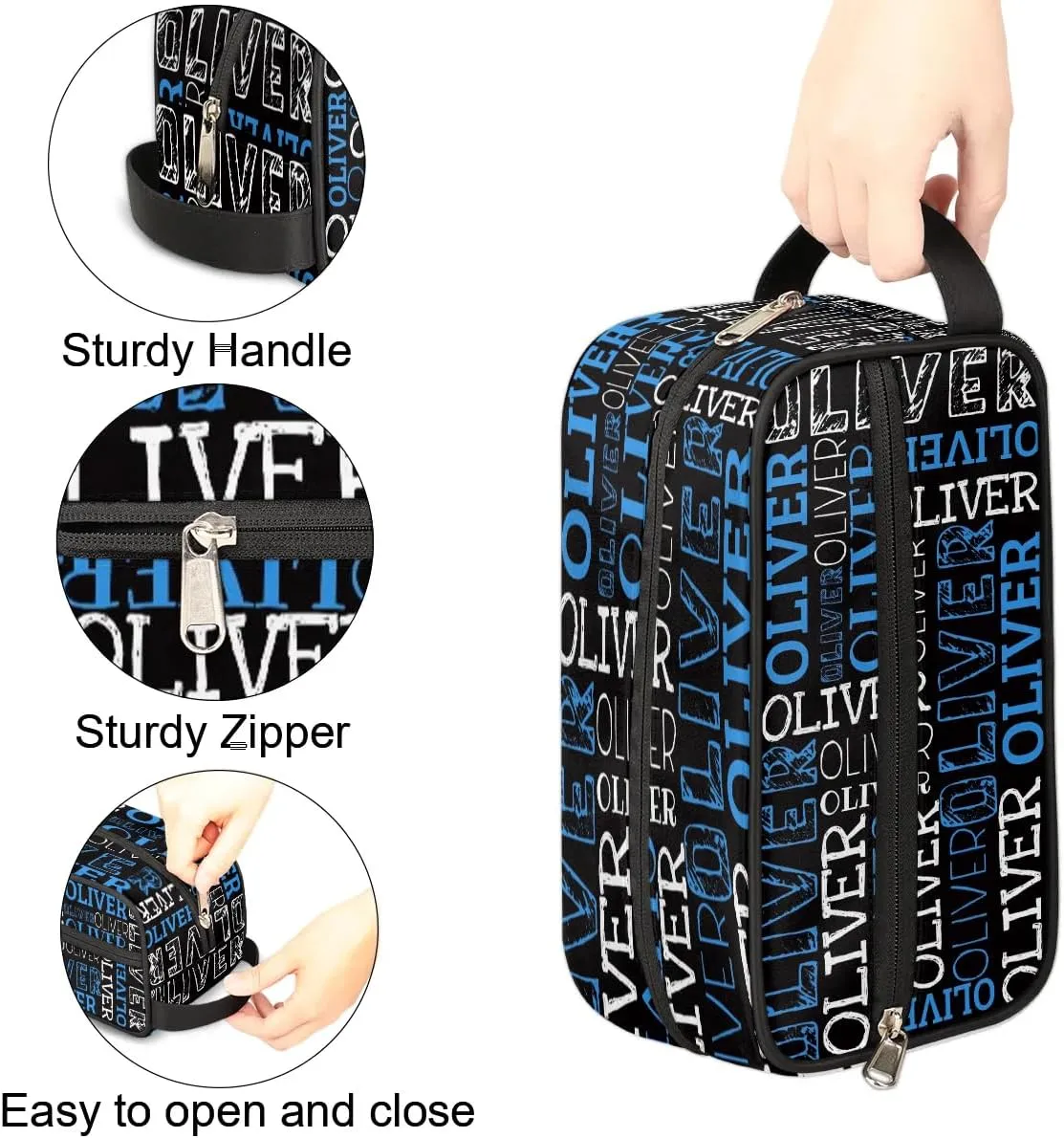 Personalized Gift Travel Makeup Bag for Women Man, Custom Cosmetic Bag Make Up Bag Organizer Toiletry Bag Christmas Birthday Gift for Girls Boys Dark Blue White Black Text