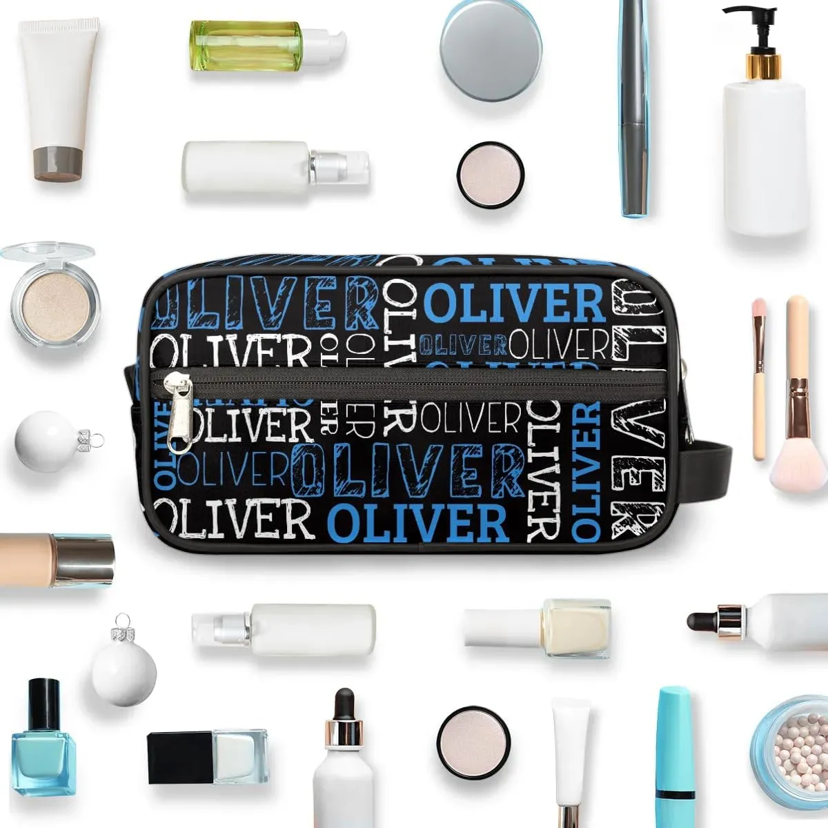 Personalized Gift Travel Makeup Bag for Women Man, Custom Cosmetic Bag Make Up Bag Organizer Toiletry Bag Christmas Birthday Gift for Girls Boys Dark Blue White Black Text