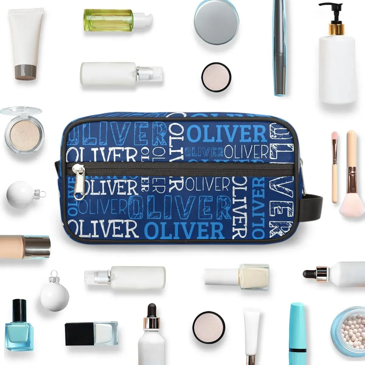 Personalized Gift Travel Makeup Bag for Women Man, Custom Cosmetic Bag Make Up Bag Organizer Toiletry Bag Christmas Birthday Gift for Girls Boys Dark Blue White Text