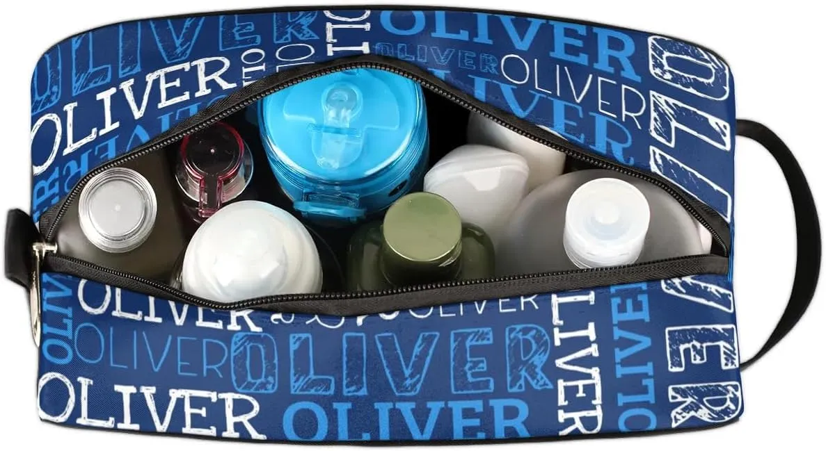 Personalized Gift Travel Makeup Bag for Women Man, Custom Cosmetic Bag Make Up Bag Organizer Toiletry Bag Christmas Birthday Gift for Girls Boys Dark Blue White Text