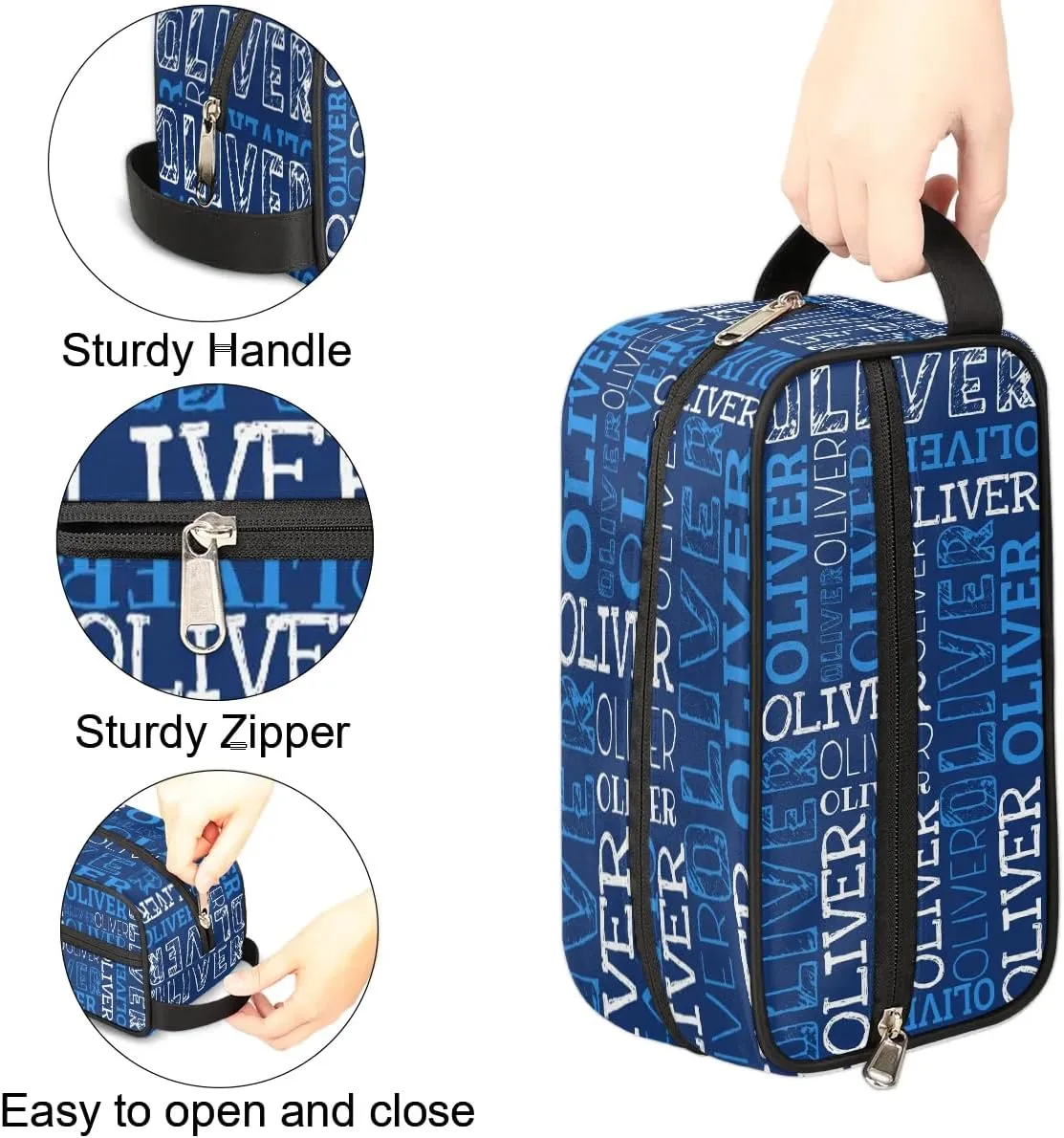 Personalized Gift Travel Makeup Bag for Women Man, Custom Cosmetic Bag Make Up Bag Organizer Toiletry Bag Christmas Birthday Gift for Girls Boys Dark Blue White Text