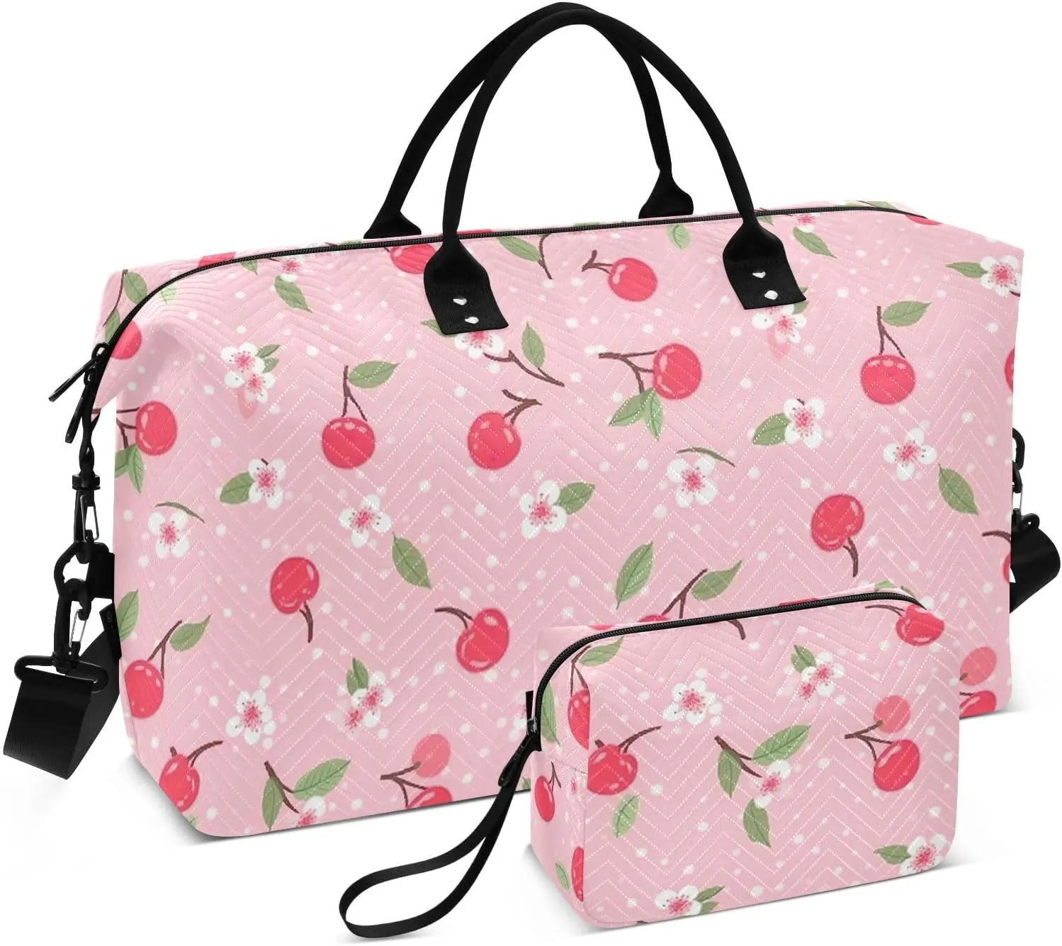 Pink Cherries Travel Duffle Bag Duffel Bags Large Weekender Bag Carry On Duffel Bag Gym Bag with Toiletry Bag Garment Duffle Bags for Women Men Adults Airplanes Trip Yoga Sports