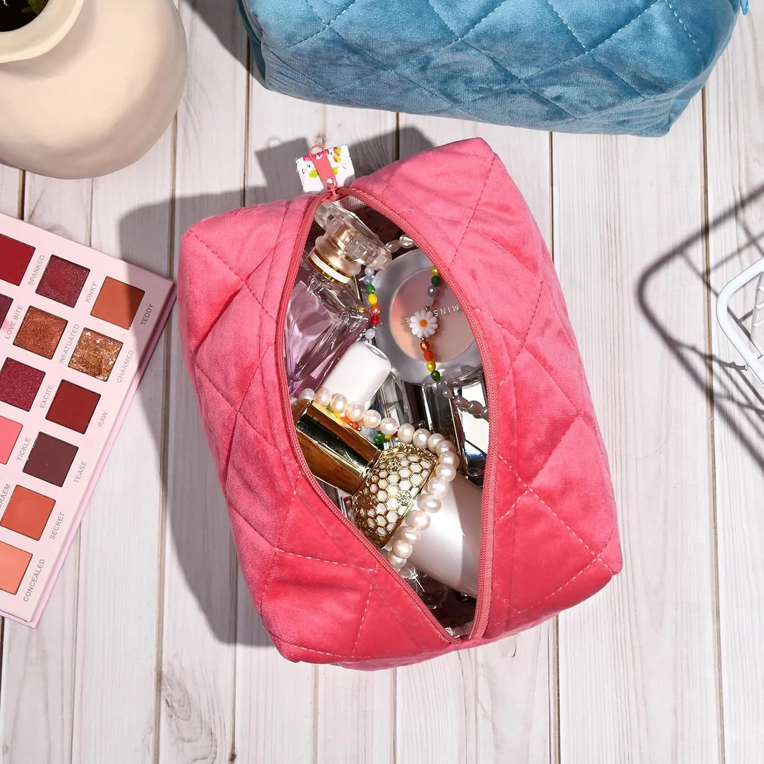 Pink Makeup Bag Terry Quilted Cosmetic Bag Puffy Coquette Makeup pouch Aesthetic Cotton Travel Toiletry Bag Organizer Makeup Brushes Storage Bag for Women