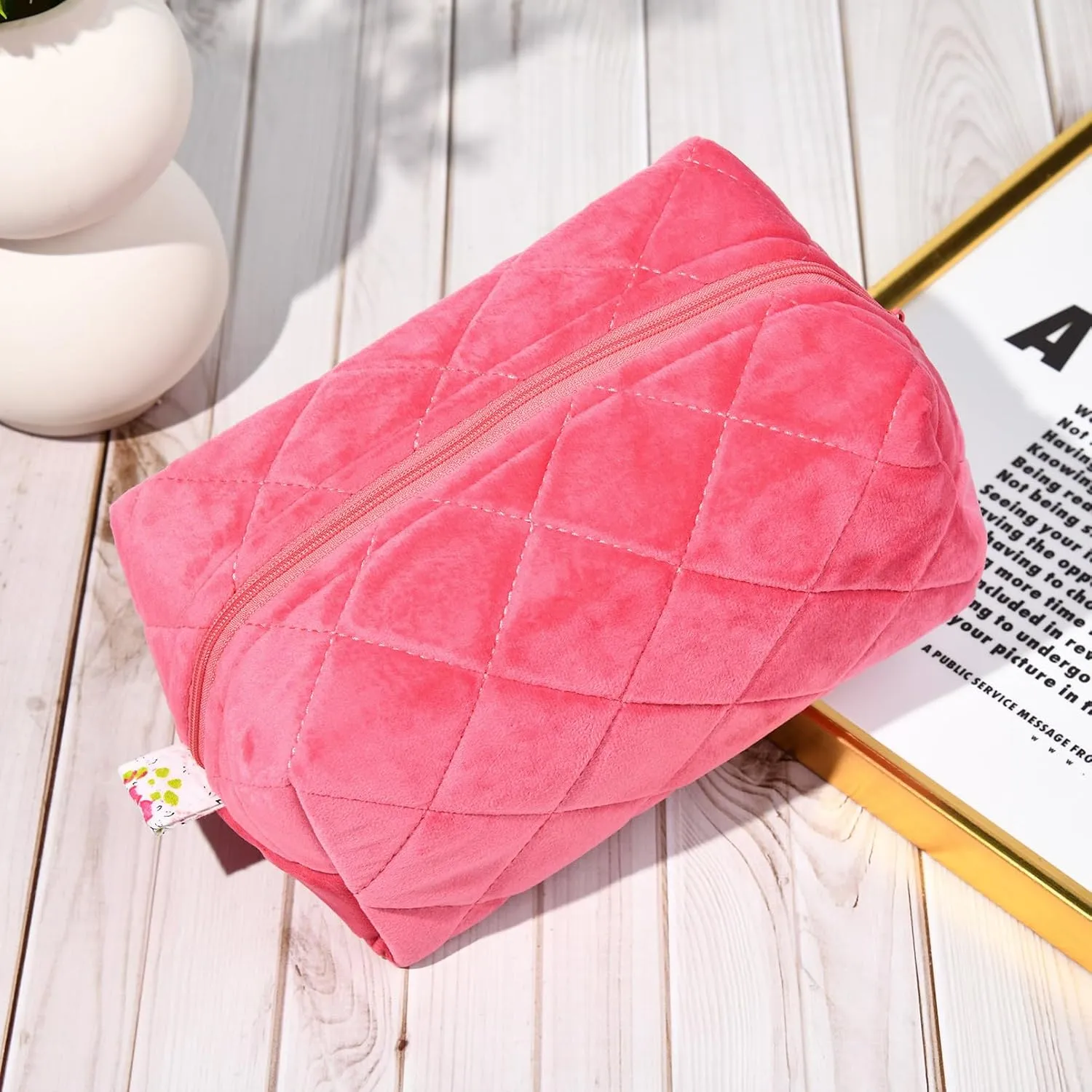 Pink Makeup Bag Terry Quilted Cosmetic Bag Puffy Coquette Makeup pouch Aesthetic Cotton Travel Toiletry Bag Organizer Makeup Brushes Storage Bag for Women