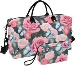 Pink Rose Butterfly Travel Duffle Bag Duffel Bags Large Weekender Bag Carry On Duffel Bag Gym Bag with Toiletry Bag Garment Duffle Bags for Airplanes Women Men Yoga Sports Ttrip Adults
