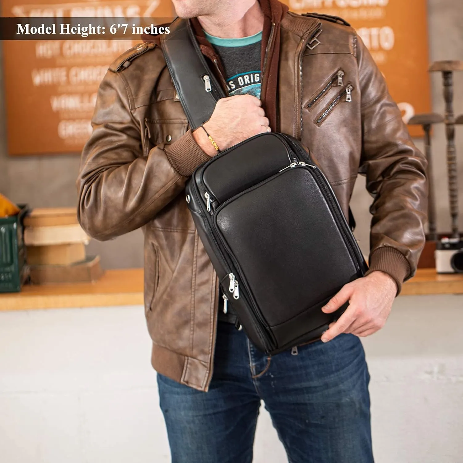 Polare Modern Style Sling Shoulder Bag Mens Travel/Hiking Daypack with Full Grain Italian Leather and YKK Zippers