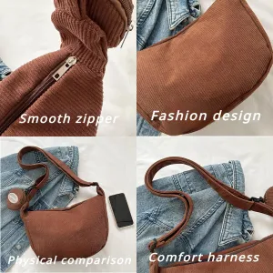 Pooyikoi Women's Corduroy Tote Bag Crossbody Bags for Women Crescent Crossbody Bag Homeless Crossbody Bag Top Handle Satchel