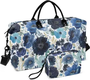 Poppy Flowers Blue Travel Duffle Bag Duffel Bags Large Weekender Bag Carry On Duffel Bag Gym Bag with Toiletry Bag Garment Duffle Bags for Adults Women Airplanes Men Sports Trip Yoga