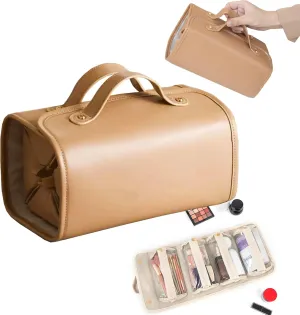 Portable 4-in-1 Foldable Cosmetic Bag, Waterproof Travel Toiletry Bag with 4 Clear Detachable Compartment Roll Up Makeup Bag Hanging Travel Organizer Folding Cosmetic Bag (brown)