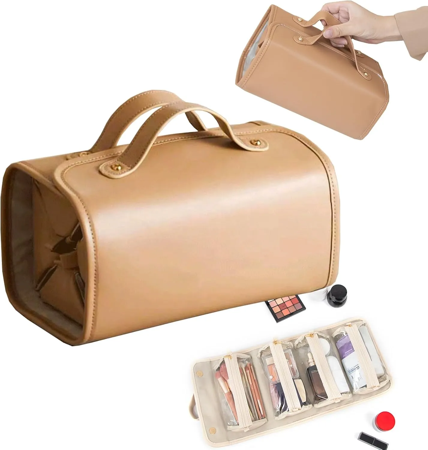 Portable 4-in-1 Foldable Cosmetic Bag, Waterproof Travel Toiletry Bag with 4 Clear Detachable Compartment Roll Up Makeup Bag Hanging Travel Organizer Folding Cosmetic Bag (brown)